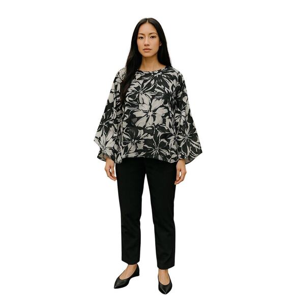 Chico’s Sheer Black White Floral Print Poncho Blouse – Size 3 (XL/16) - Picture 1 of 4